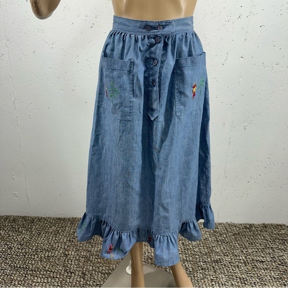 Vintage Handmade size Small Blue Embroidered Peasant MIDI Skirt - Picture 1 of 13